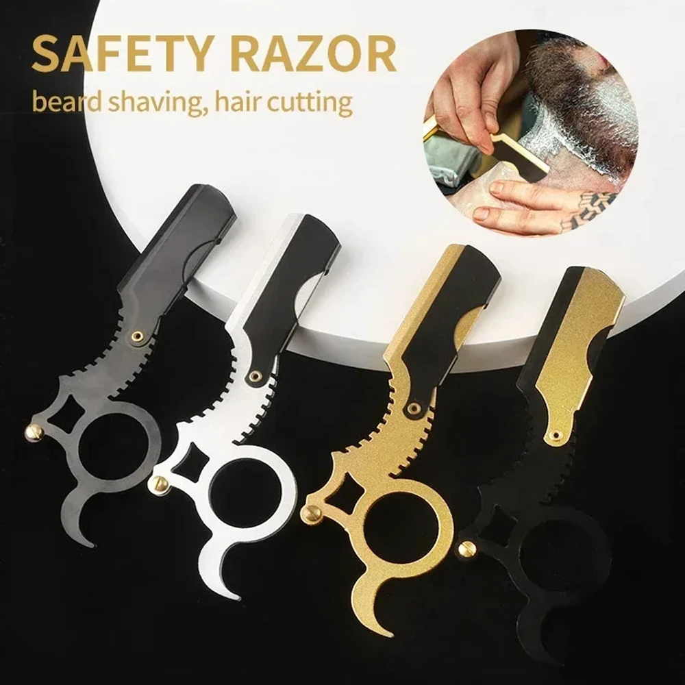 1PC Professional Manual Thumb Straight Razors Barber Haircut Razor For Men Stainless Steel Beard Shaving Razors Knife Holder