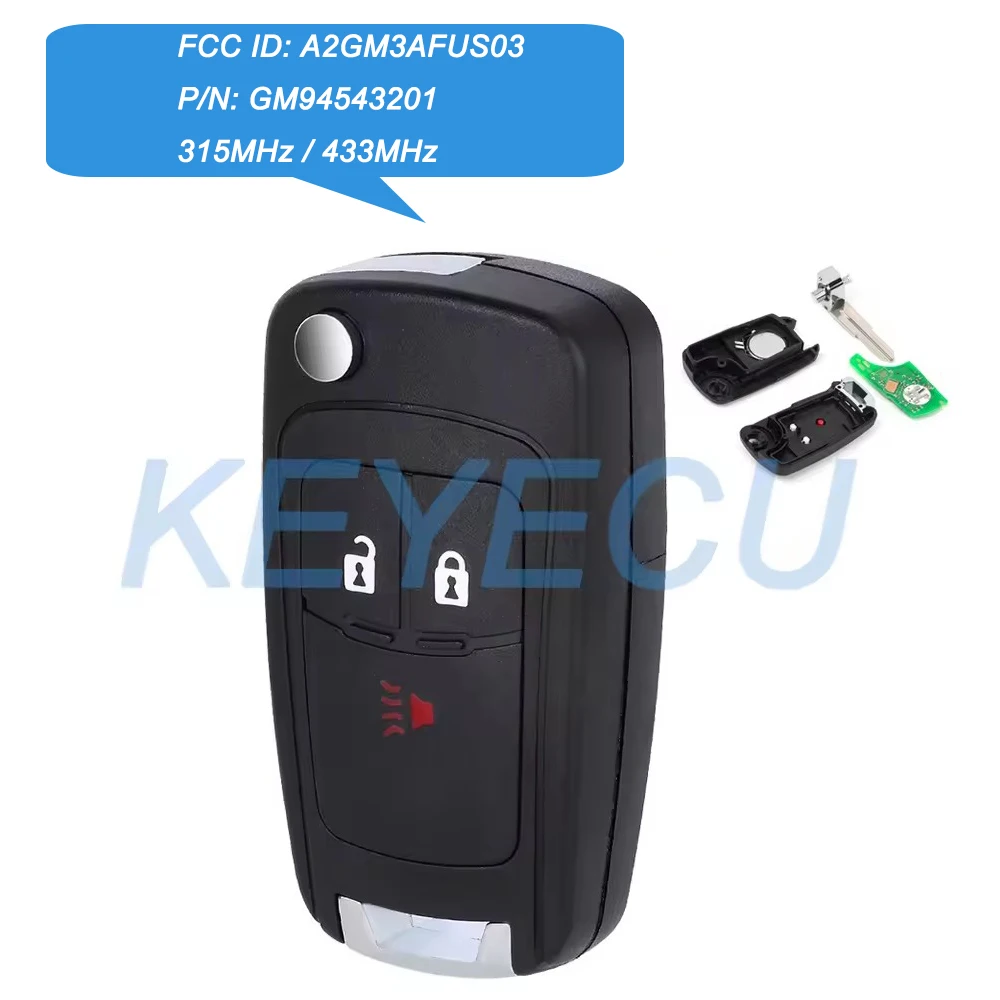 

Keyecu A2GM3AFUS03 GM 94543201 315 МГц/433 МГц ID46/8E чип 3 кнопки откидной пульт дистанционного управления для Chevrolet Spark 2013 2014 2015 2016