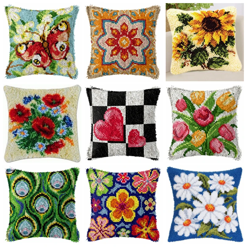 

Nature Scenery Latch Hook Kits Smyrna Pillowcase Knot Pillow Package Flower Latch Hook Kit Set For Needlework Embroidery Cushion