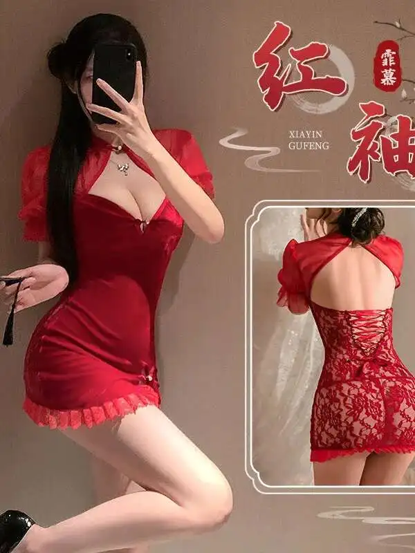 WOMENGAGA Chinese Style Short Sleeve Mini Dress Feimu New Year Velvet Lace Cheongsam Uniform Sexy Split Dress Elegant 2JV3
