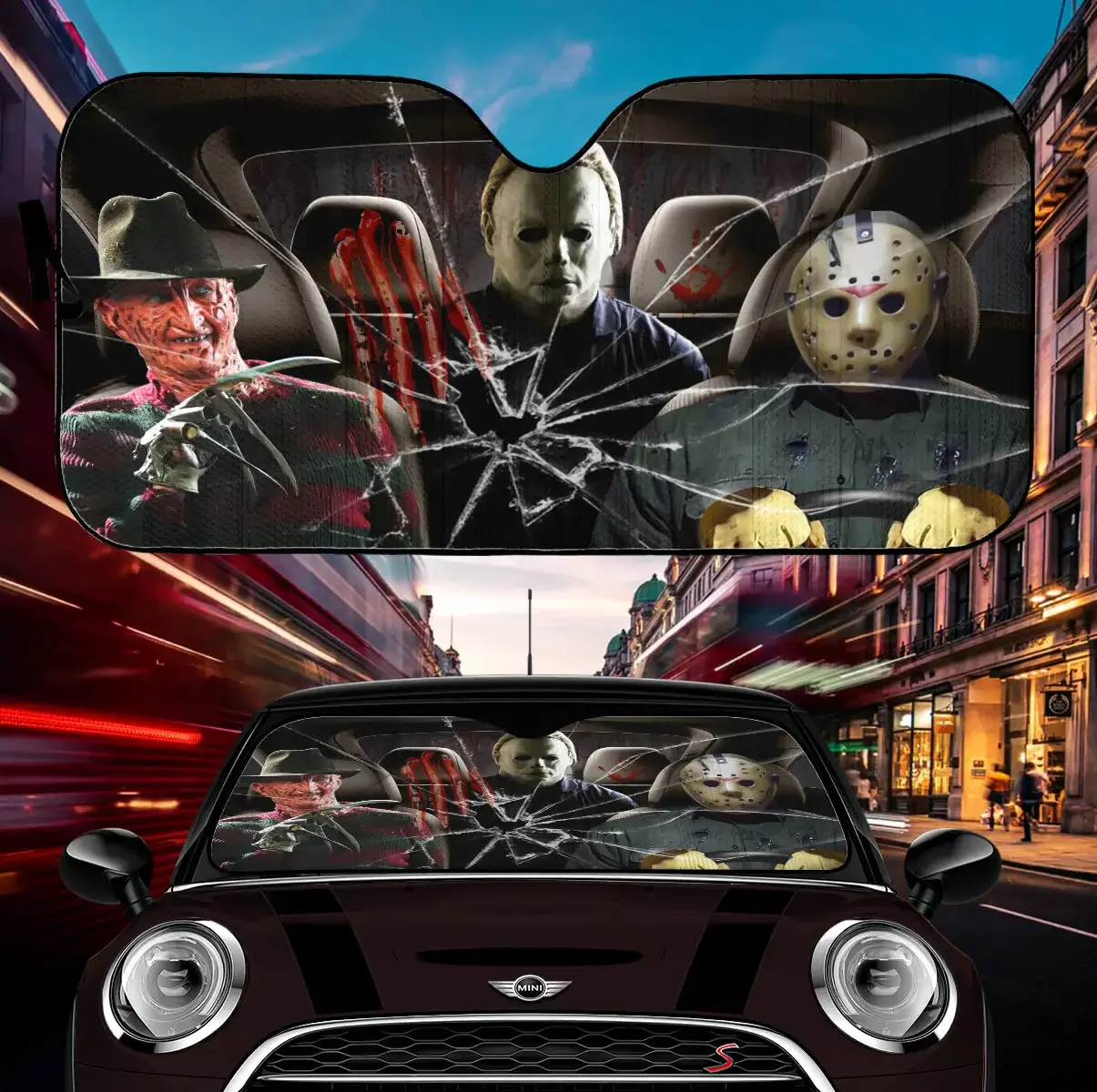 Halloween Horror Movies Freddy Michael And Jason Broke Glass Car Auto Sunshades