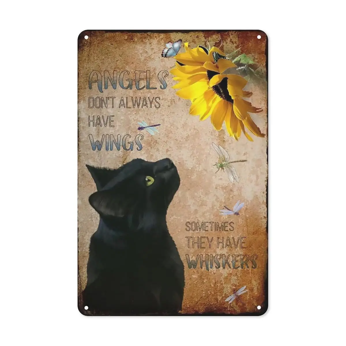 Letrero de metal de estaño, ángeles, no siempre tienen alas, a veces tienen bigotes, vintage, floral, negro, amantes de los gatos, regalo, placa vintage M