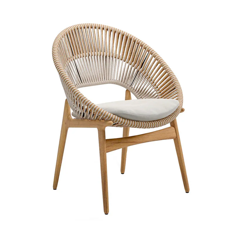 he-Modern Nordic Durable Outdoor Dining Set Villa Balcony Courtyard Teak Rope-Woven Table Chairs Rainproof Sunproof Hotel Patio