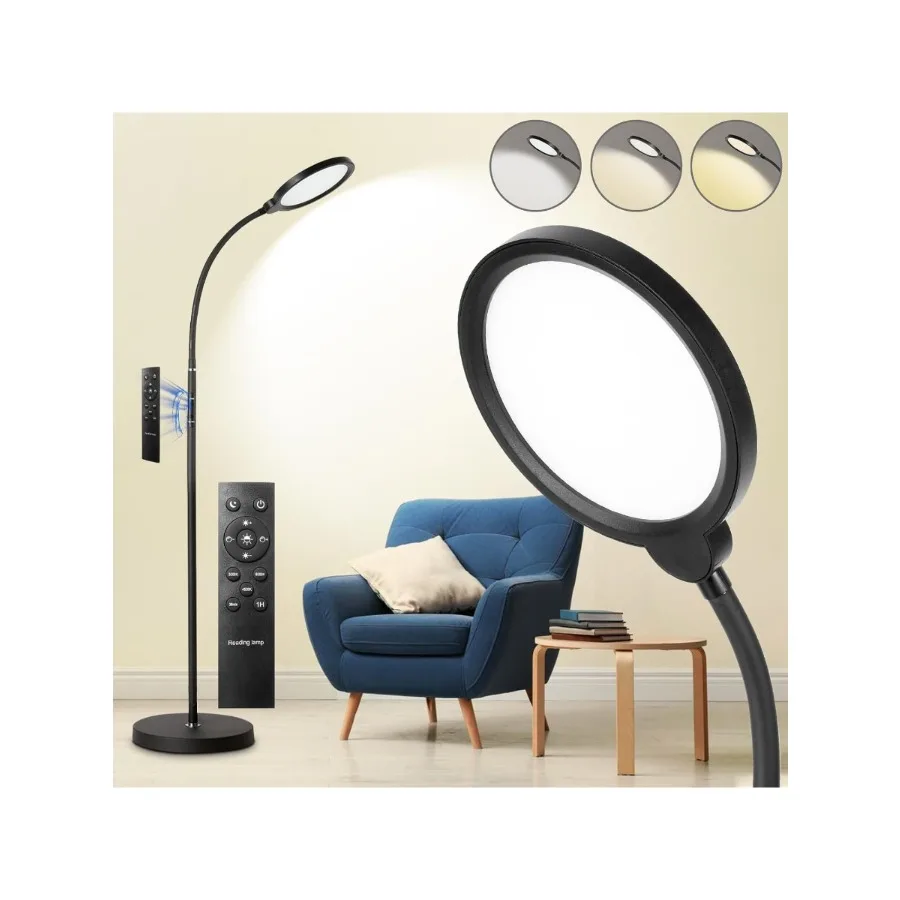 LED Floor Lamp, Living Room Lamps, 3 Color Temperatures Bright Modern Tall Lamp, Adjustable Gooseneck Standing Lamp with Remote