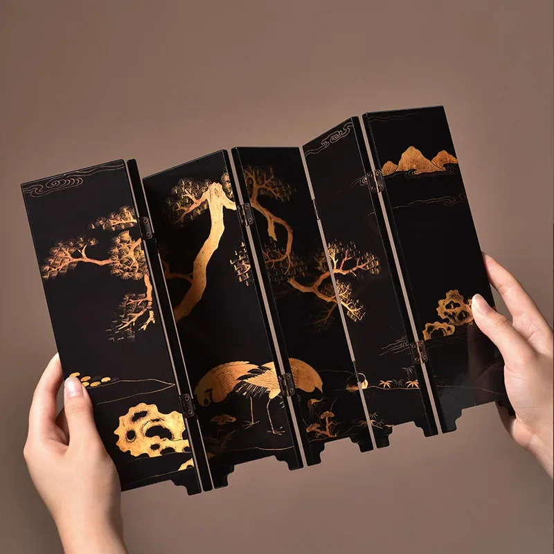 Double Sided Small Screen Ornament Antique Retro Lacquer Craft Tea Table Decoration Gift Tea Ceremony Accessory Gift Box Packed