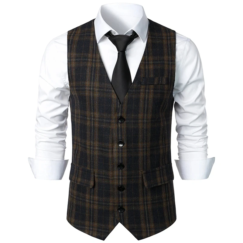 Men Suit Blue V Neck Lattice Single Button Slim Formal Business For Wedding Banquet Work Men Waistcoat