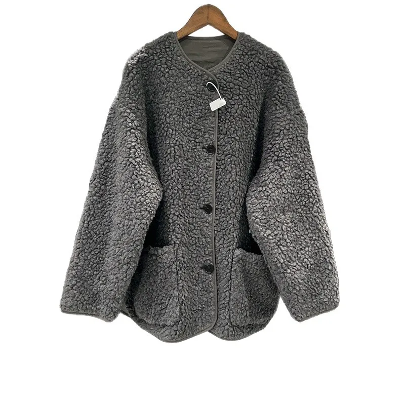 

【Gift Free】French Niche 2025 Autumn Winter Low-Maintenance Lamb Faux Fur Round-Neck Loose Casual Solid Mid-Length Coat for Women