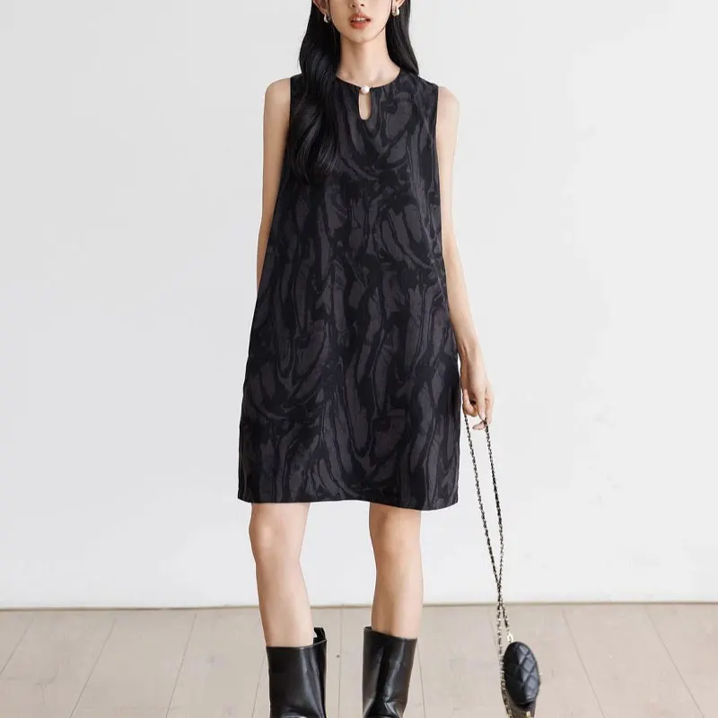 

French Style Vintage Printed Dresses Summer Stylish Hollow Out Women's Clothing Sleeveless Casual Round Neck Loose Midi Dress