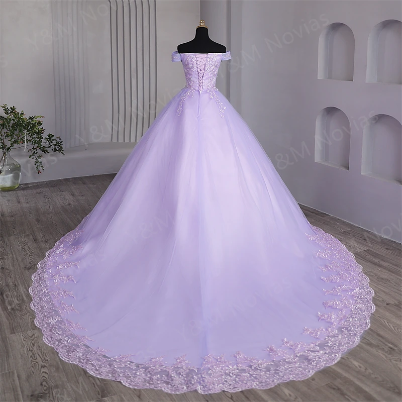 Custom Color Sweet 16 Dress Pink Off Shoulder Plus Size Vestido De Noiva Purple Quinceanera Dress Ball Gown Flower Women Train