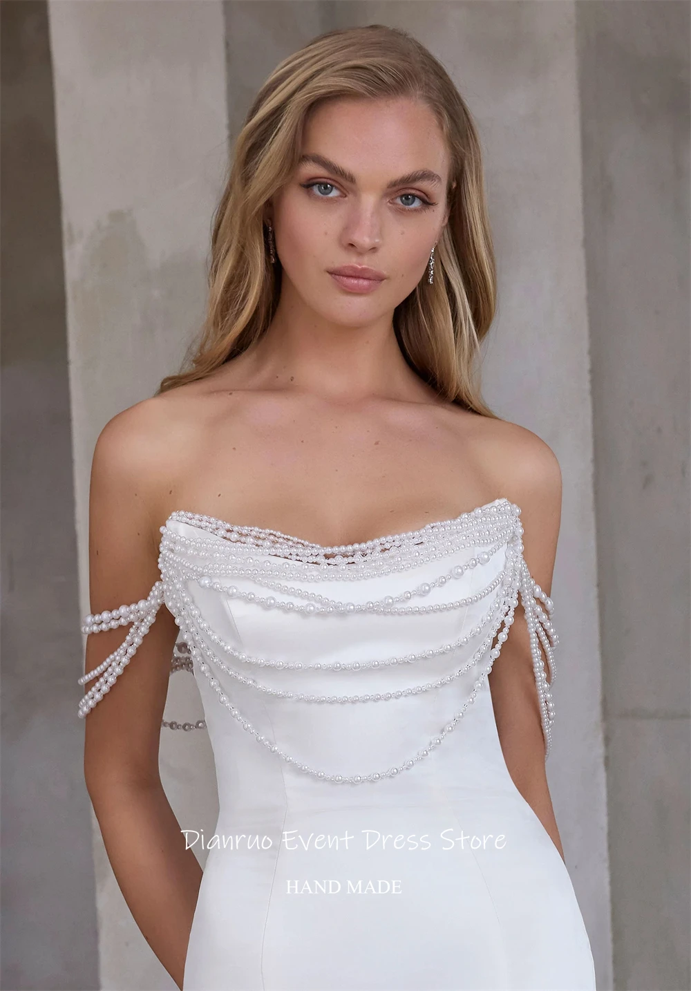 Dianruo Luxury Pearls Beading Wedding Dress Mermaid Modern Vestido De Noiva Sleeveless High Quality Evening Dress Customized