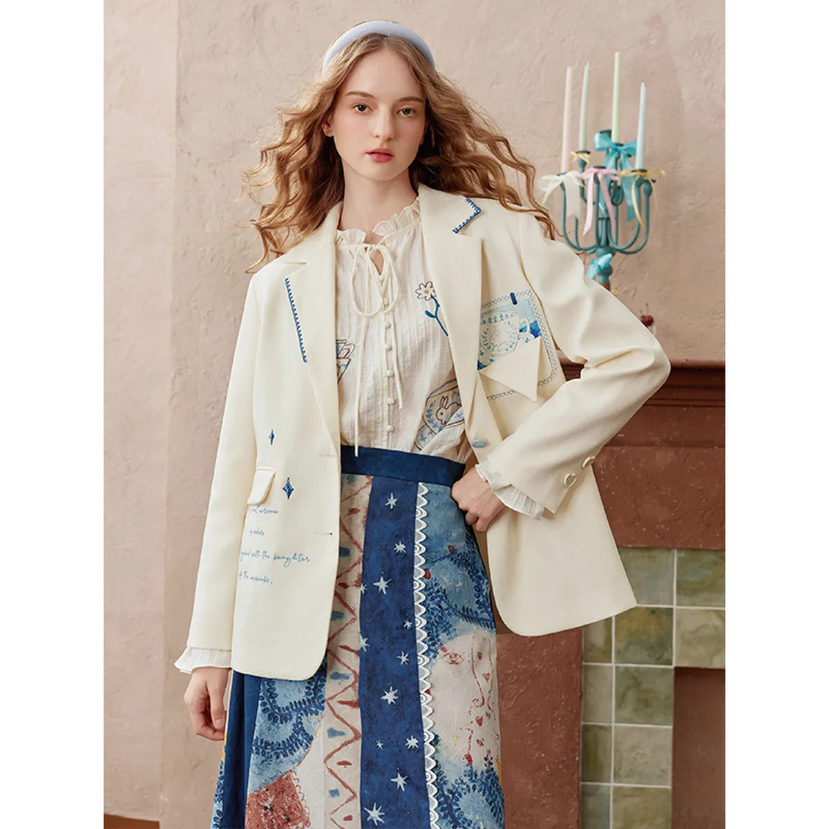 

Versatile Summer Art Commute Jacket – Vintage Poetry Print Loose Embroidered Blazer for Women
