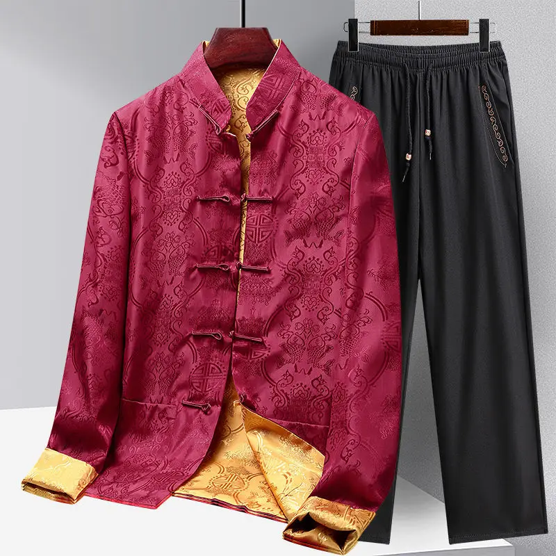 Autumn Spring Kung Fu Coats Tang Suit Jacket Pants Traditional Chinese Clothing Two-Sided Jackets Hanfu Men Clothing