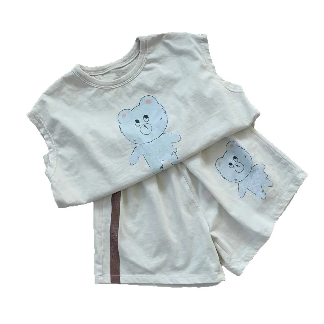 2025 여름 새 아기 짧은 소매 옷 세트 코튼 소년 소녀 귀여운 곰 인쇄 T 셔츠 + 반바지 2pcs 정장 유아 캐주얼 세트