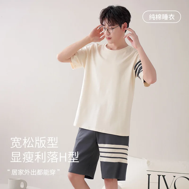 New Classic 100%Cotton Pajamas Suit Men Loose Comfortable Short Sleeves Outside Sleepwear High Quality Nightcloth Male Boy Gift