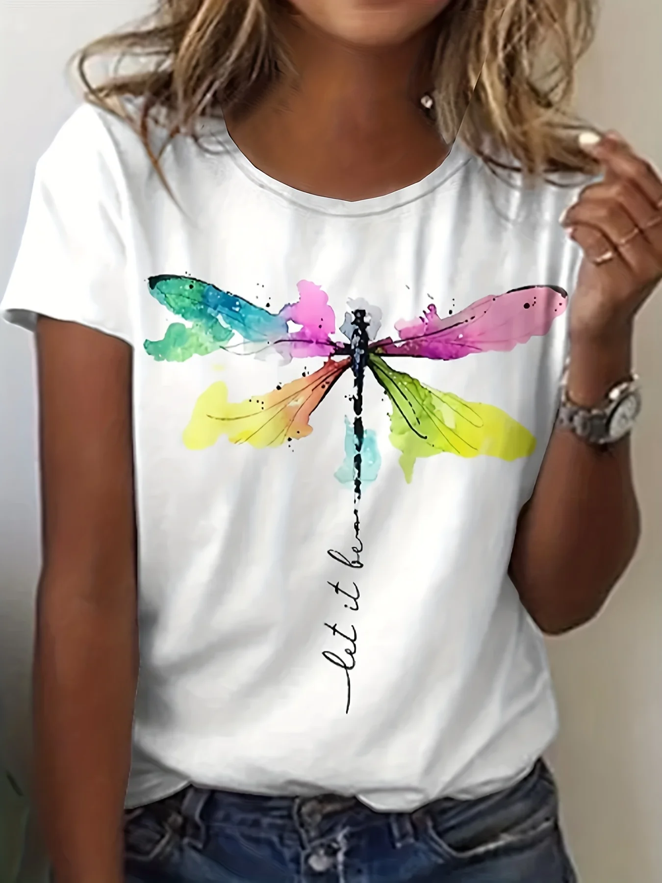 Plus Size Casual T-shirt Women's Plus Dragonfly & Art Letter Print Short Sleeve Round Neck T-shirt