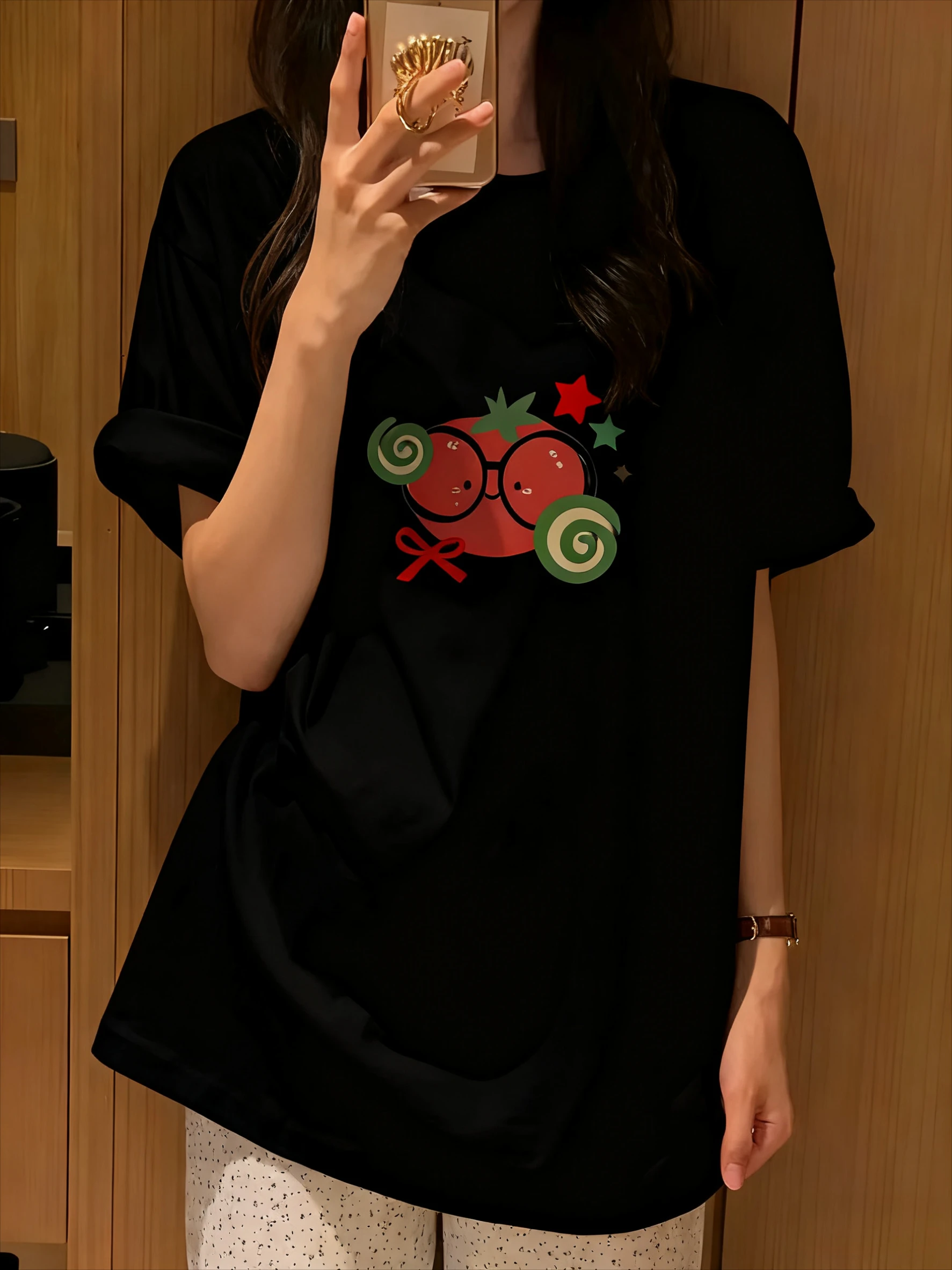 

Summer New Styles Cute Tomato Graphic Printed T-Shirt Loose Round Neck Short Sleeve Relaxed Style Comfortable Women Casual Tops