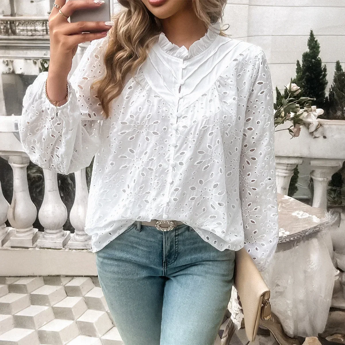 

Women's White Temperament Hollow Out Bubble Sleeve Embroidered Casual Top Commuting Summer Fashion Daily Elegant Loose Blouses