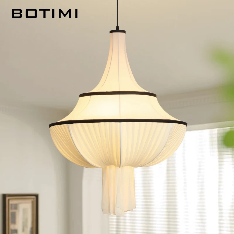 BOTIMI French Style Cloth Chandelier For Living Room Modern White Fabric Satin Chandeliers 50CM 60CM 80CM Bedroom Hanging Light