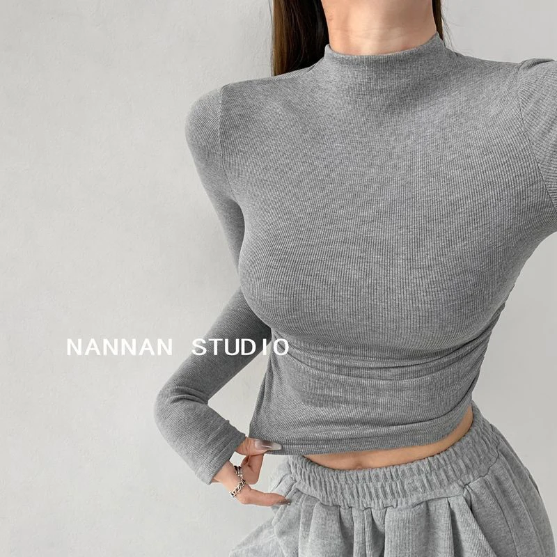 

Autumn Winter Women Plain Long Sleeve T Shirts Ruched Round Neck Crop Tee Fashion Casual For Daily Wear Dating Black White Grey