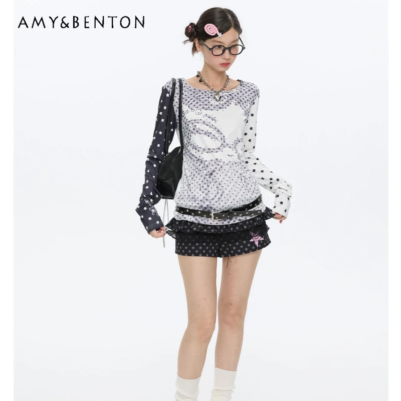 

New Black White Splicing Polka Dot Full Print 2D Long Sleeve Women's T-Shirt Original Creative Versatile Bottoming Shirt Ladies