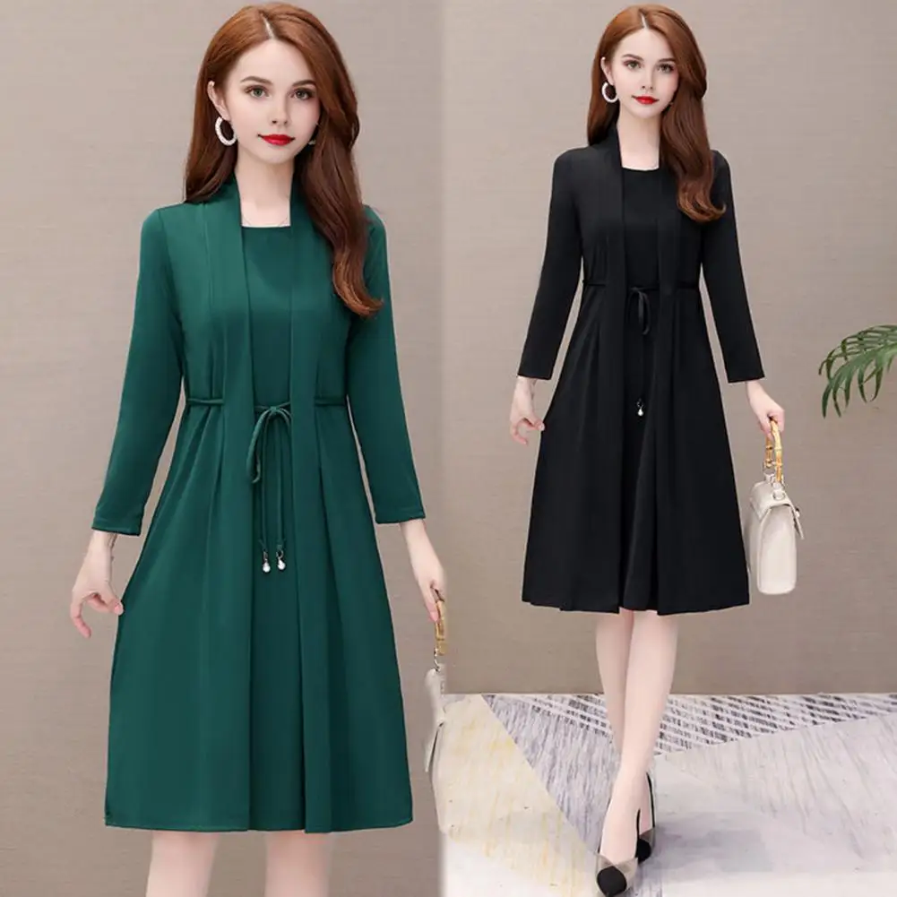 

Spring Autumn Fashion Slim Pleated Suit Collar Fake Two Piece Windbreaker Coat Comfortable Waist Shrinking Elastic Dress Belt