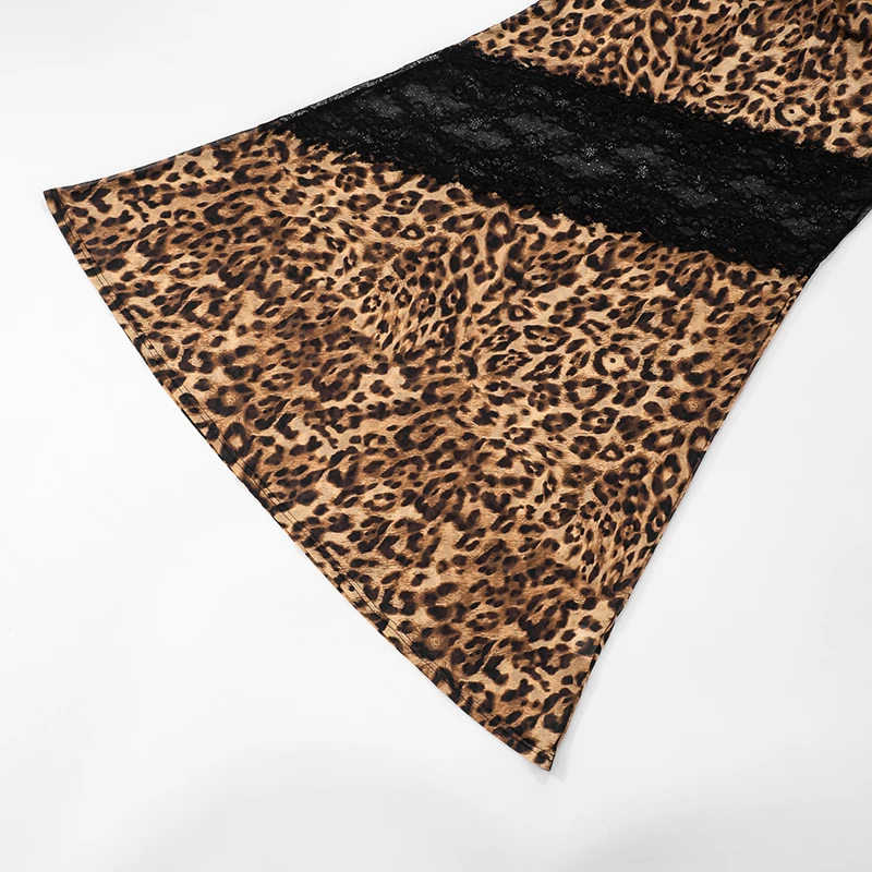 CUTENOVA 여성 레오파드 프린트 패치 워크 레이스 속이 빈 V 넥 캐미솔 피쉬 테일 롱 드레스 패션 카니발 파티 드레스