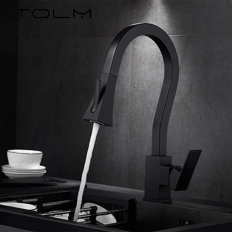 TOLM-grifo extraíble para fregadero de cocina, rociador extraíble con mezclador, color negro