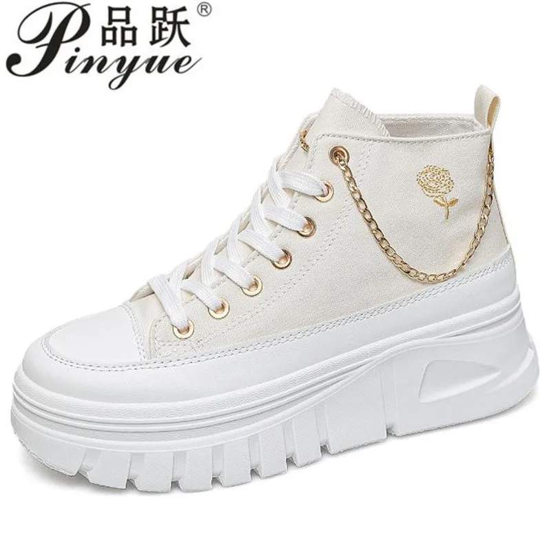 

Women Lace-Up Front High Top Flatform Canvas Shoes Fashion Casual Comfortable Height Increasing embroidery Sneakers