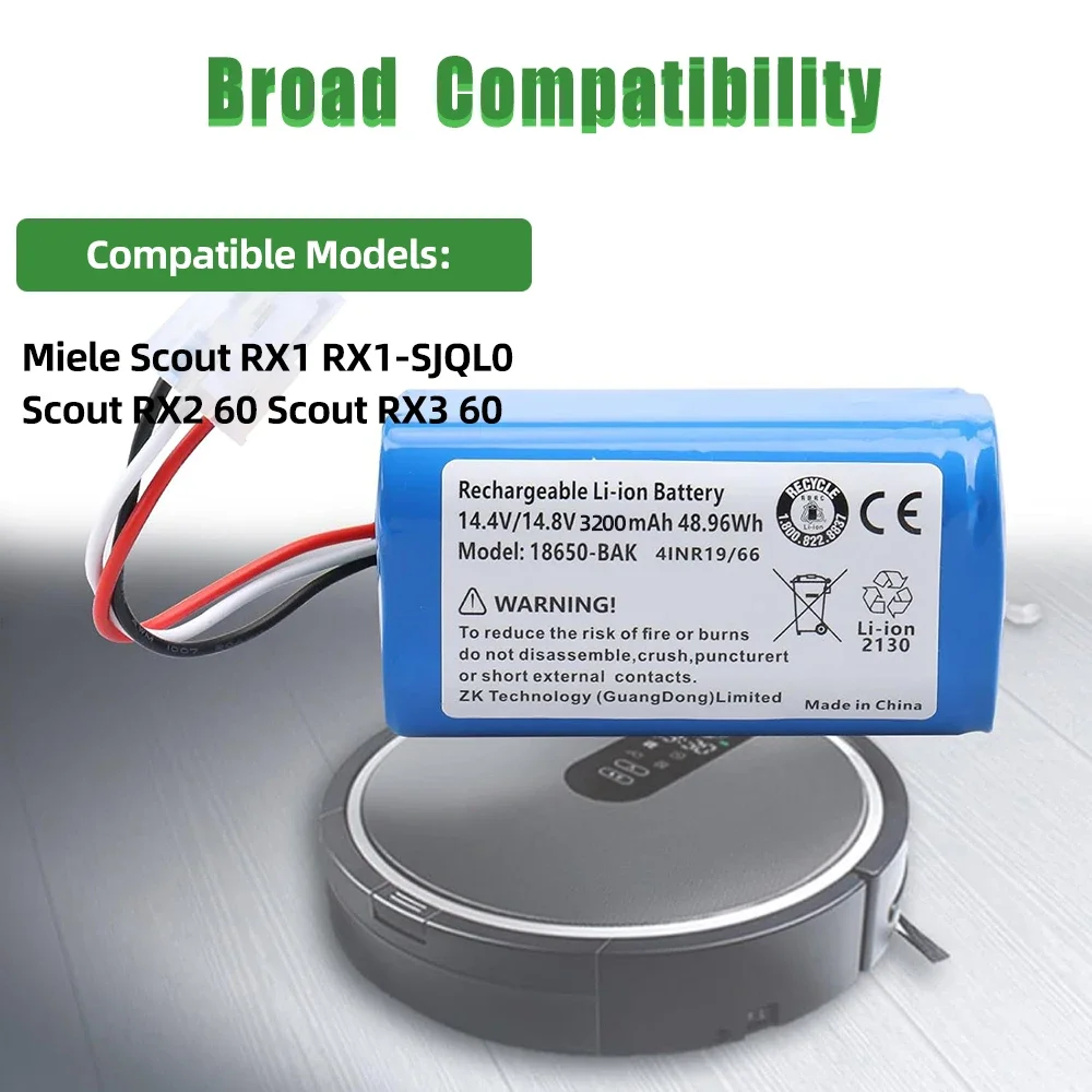 14.4V 3200mAh Replacement Robot Battery for Miele Scout RX1 RX1-SJQL0 Scout RX2 60 Scout RX3 60 9702922 Vacuum Cleaner