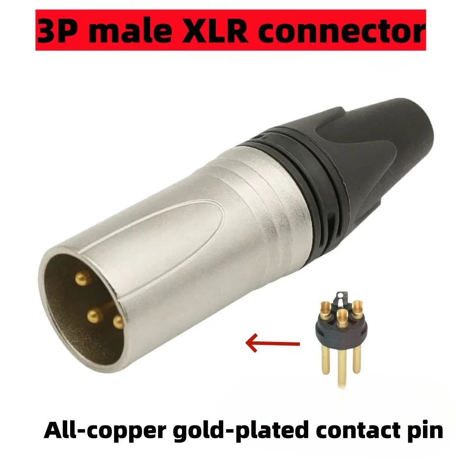 3 Pin Red Ring XLR Male Connector, gold-plated contacts, compatible with Neutrik standard. audio plug for microphone