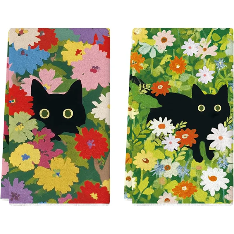 2Pcs, Floral Cat Kitchen Towels, 40Cm*60Cm Towel Set, Best Kitchen Towels, Super Absorbent Soft Cleaning Cloth, Cooking and Baking Tea Towels, Hand Towels, Cleaning Cloths, Dishcloths, Kitchen Decor, Living Room Decorations, Kitchen Essentials, Home Essentials