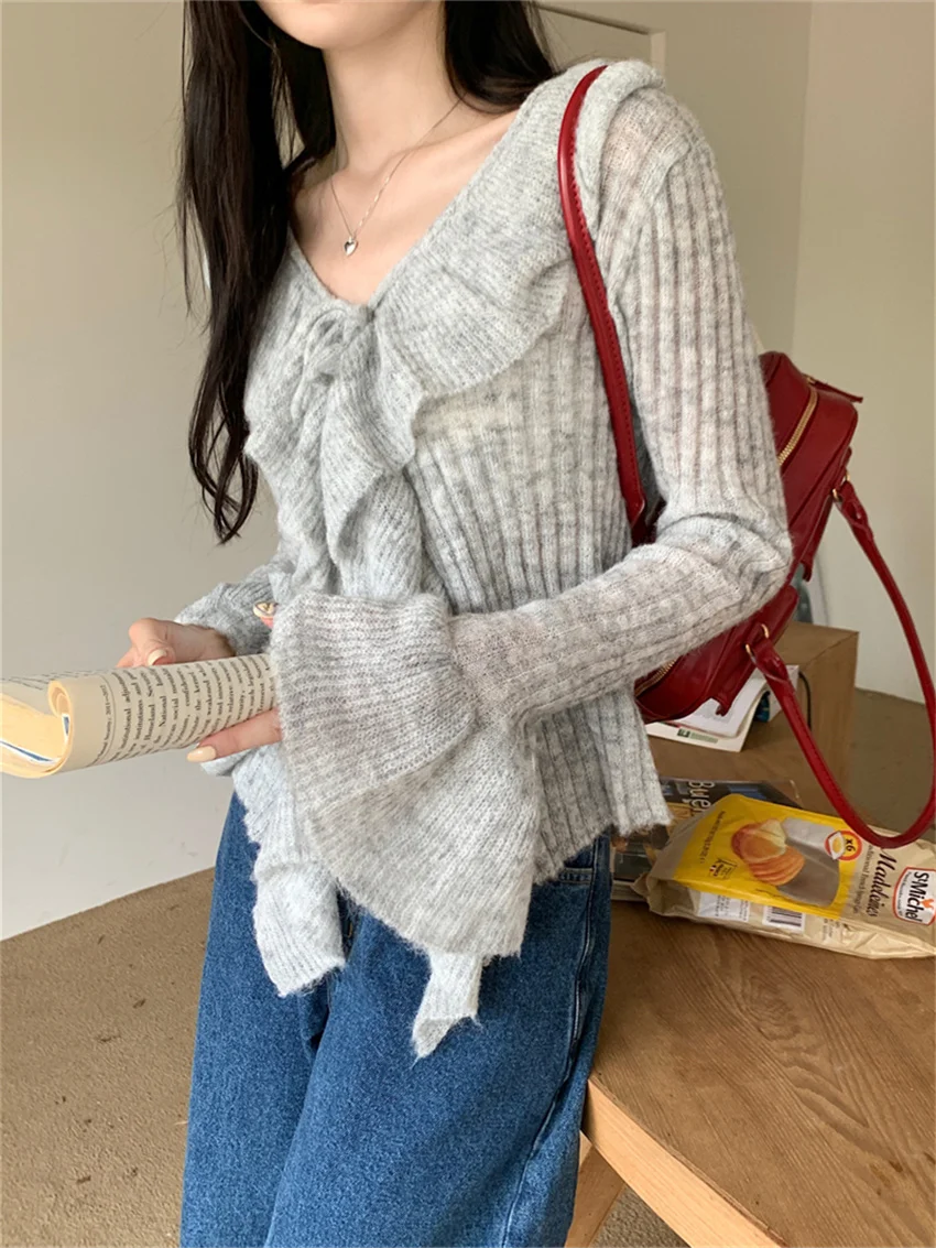 Alien Kitty Kintwear Soft Ruffles Sweaters Slim-Fit Chic Flare Sleeve Autumn New Elegant OL Cardigans V-Neck Office Wear Coats