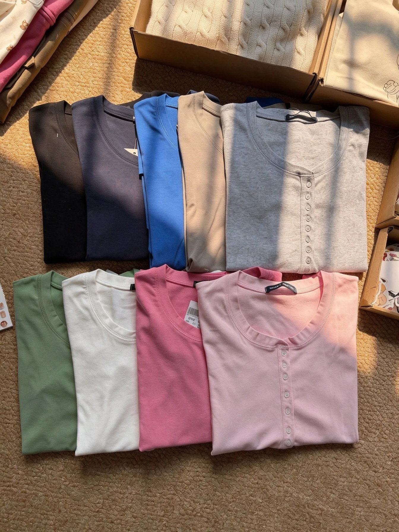Nine Buttons Cotton Slim Long Sleeve T-shirt Woman Autumn New Round Neck Solid Tees Femme Casual Simple All-match Basic Tshirts﻿