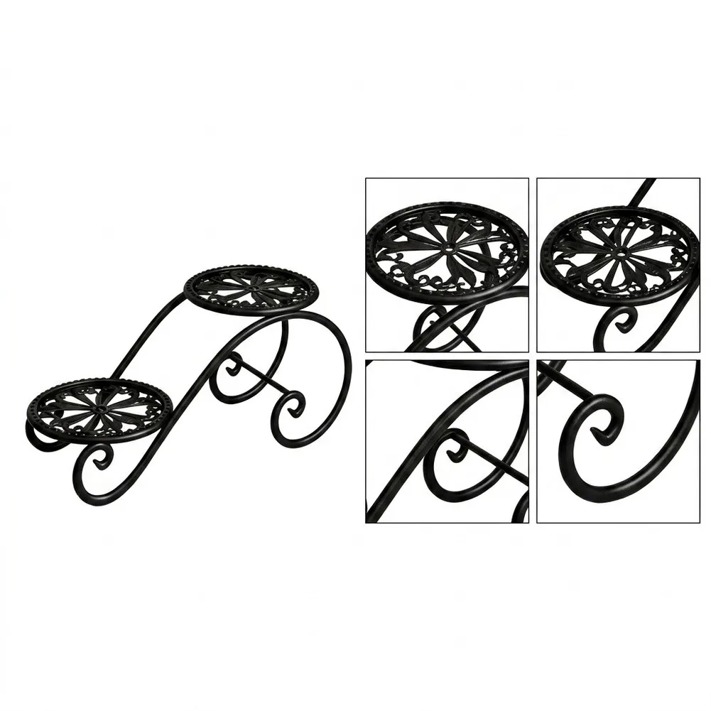for Black White Gold 2 Tier Plant Stand - Iron Flower Shelf with Curved Support Frame and Hollow Pattern Disc Base