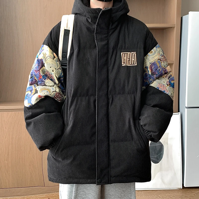 

Korean Fashion Bear Embroidery Cotton Padded Men's Winter Parka Thicken Warm Mens Coat Casual Hooded Heated Puffer Jacket Men