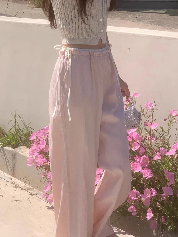 

Шикарные повседневные брюки с высокой талией и узлом, женские широкие брюки, цветная блузка, корейская мода, лето