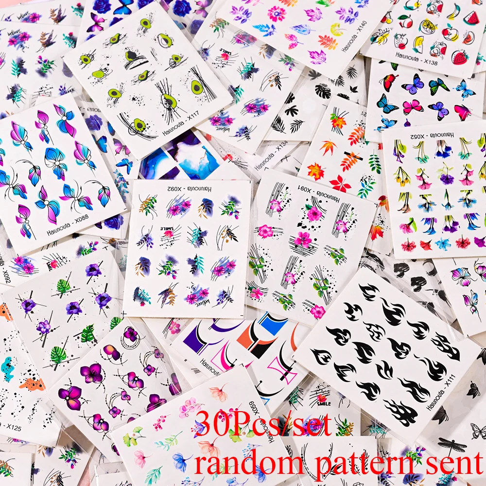 30Pcs 무작위로 물 전송 네일 스티커 데칼 대리석/불꽃/꽃/과일 접착제 네일 아트 스티커 매니큐어 문신 슬라이더 # nl