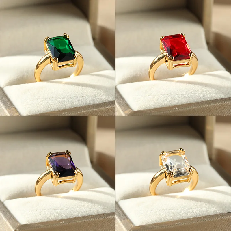 Vintage Colorful Zircon Square Ring for Women Gold Color Stainless Steel Open Ring Wedding Party Jewelry Gift