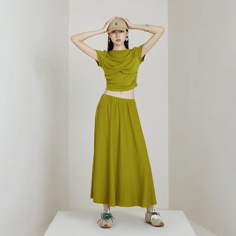 

NancyCavally Wool Silk Shoulder Bared Hat Turtleneck Long Sleeve Spring Fashion Set Women's High Waist Skirt And T-shirt Ense...