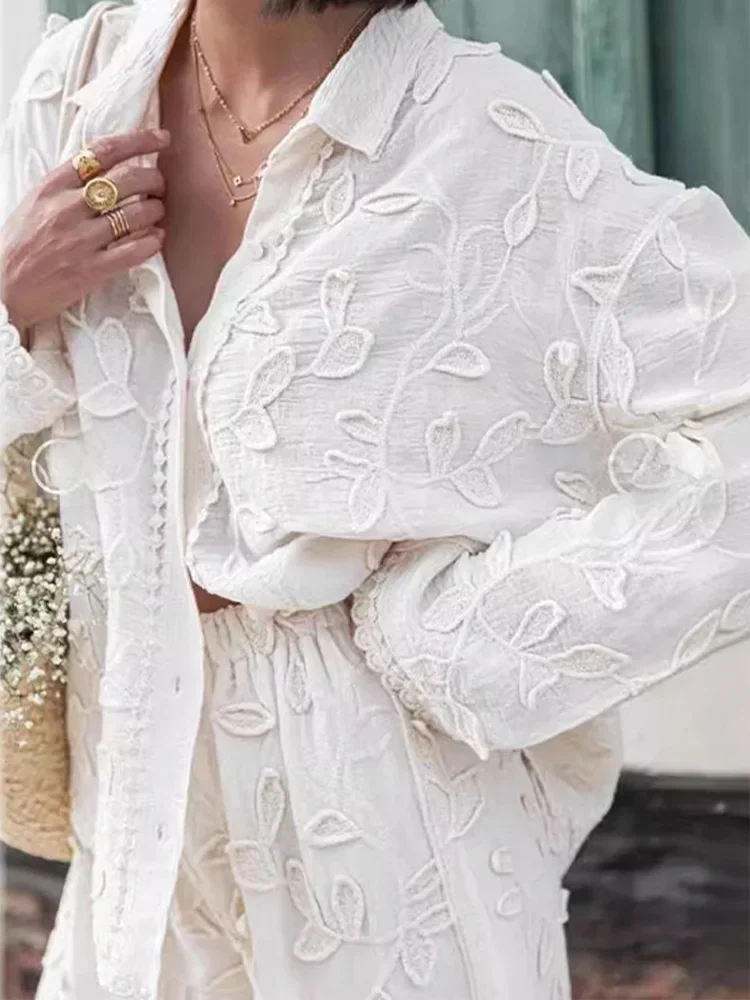 

Women Set Elegant Cotton Silk Jacquard Lace Up Loose Pants Set Chic Lapel Long Sleeves Shirt Suit Summer Female Outfits 2024