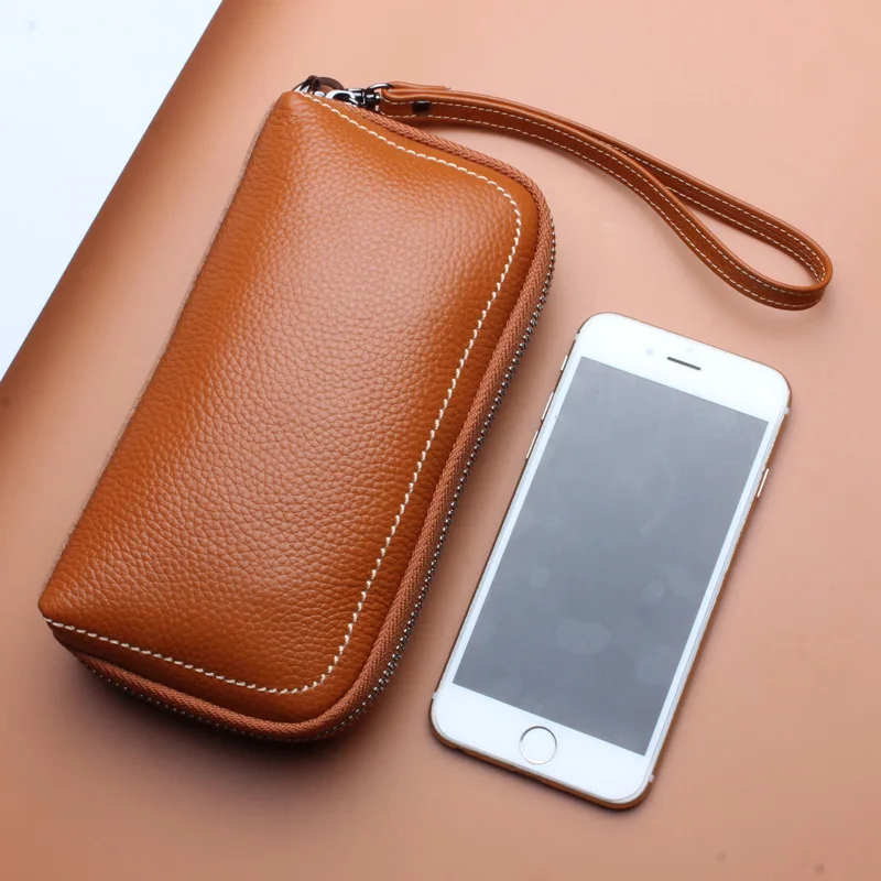 2022 Women's Hand-Held Mobile Phone Bag First Layer Cowhide Cosmetic Bag New European And American Long Large-Capacity Wallet