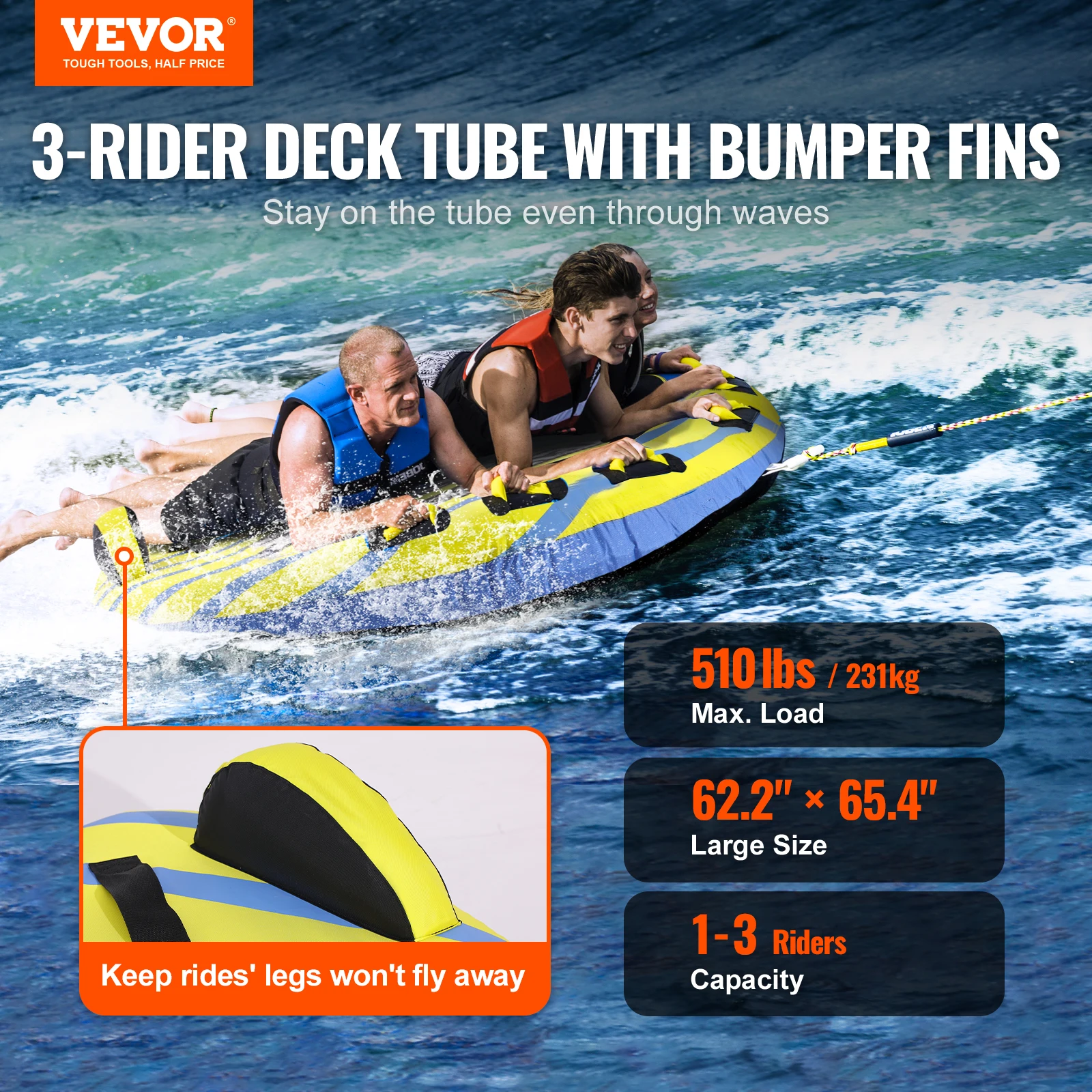 VEVOR Towable Tube for Boating, 1-3 Riders Inflatable Towable Tube with Bumper Fins, 510 lbs Water Sport Towable Tubess