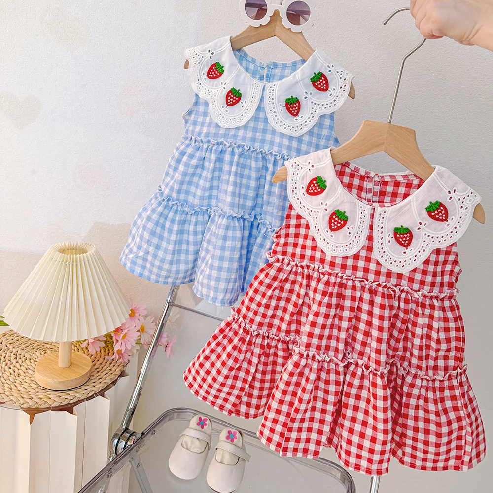 

Baby Clothes Girl Summer Plaid And Strawberry Pattern Doll Neck Sleeveless Casual Baby Dresses Cute Sweet Girl Kid's Dress