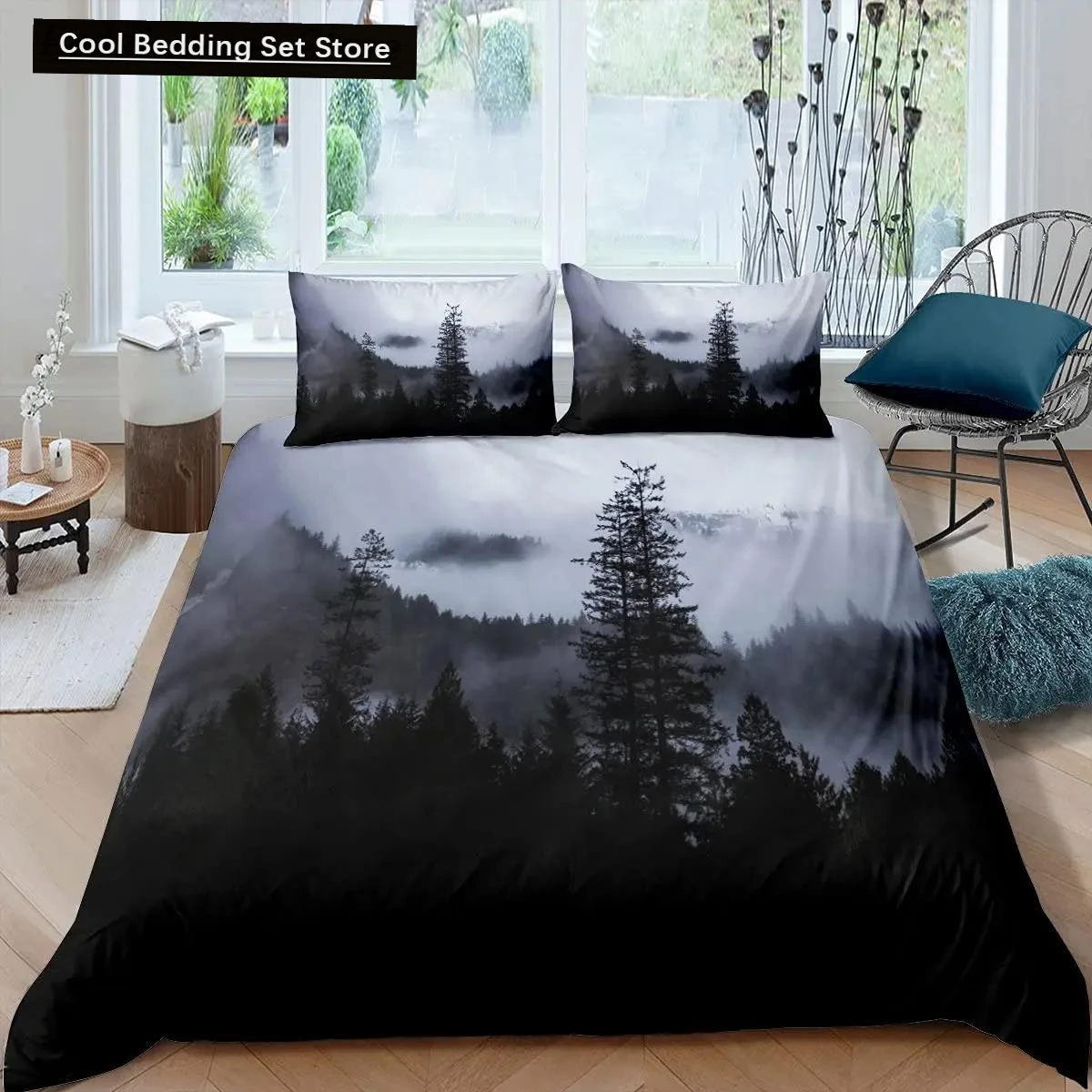 Smoky Mountain Duvet Cover Set Pine Trees Comforter Cover Boys Landscape Quilt Cover Natural Scenery Art Polyester Bedding Set