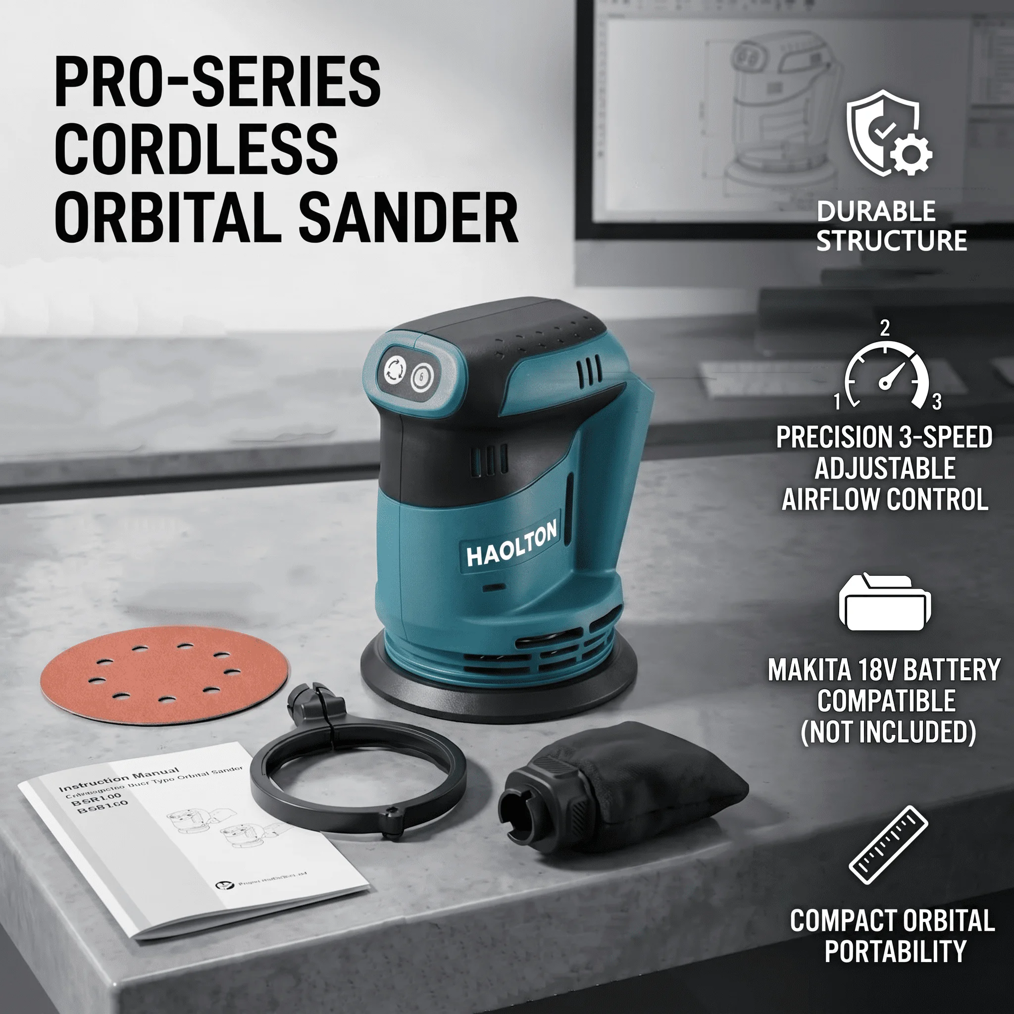 HAOLTON 5 Inch Cordless Random Orbital Sander, 3-Speed, Rechargeable Polisher, Woodworking, Fit Makita 18V 20V Battery, image 4