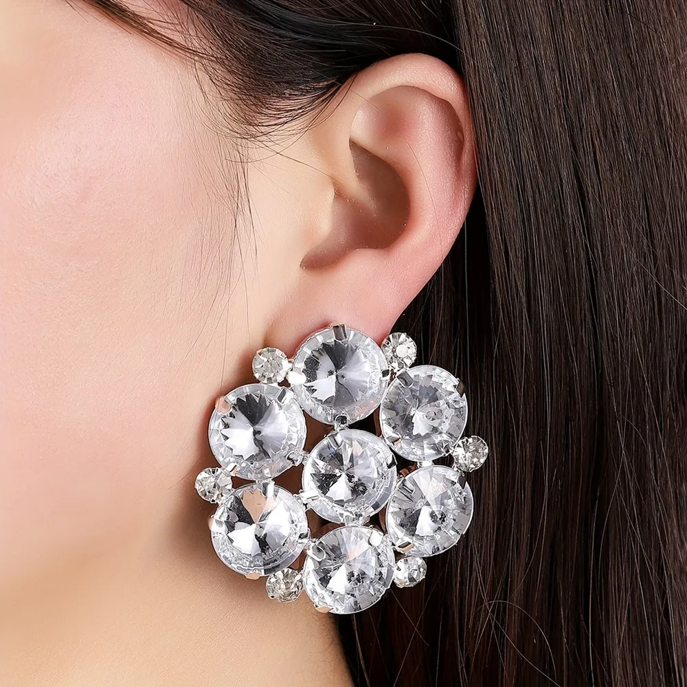 

Clear Crystal Acrylic Large Round Stone Geometric Stud Earrings Wedding Jewelry for Women Rhinestone Charm Flower Drop Earrings