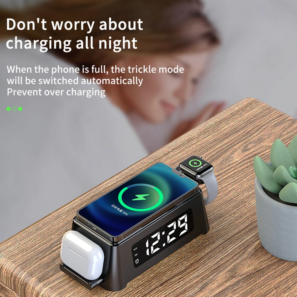 Dock Digital Alarm Clock 3 in 1 Wireless Charger for Apple Watch/iPhone 15/14/12/11/8/XR/AirPods 3 Pro 15W Fast Wireless Charger