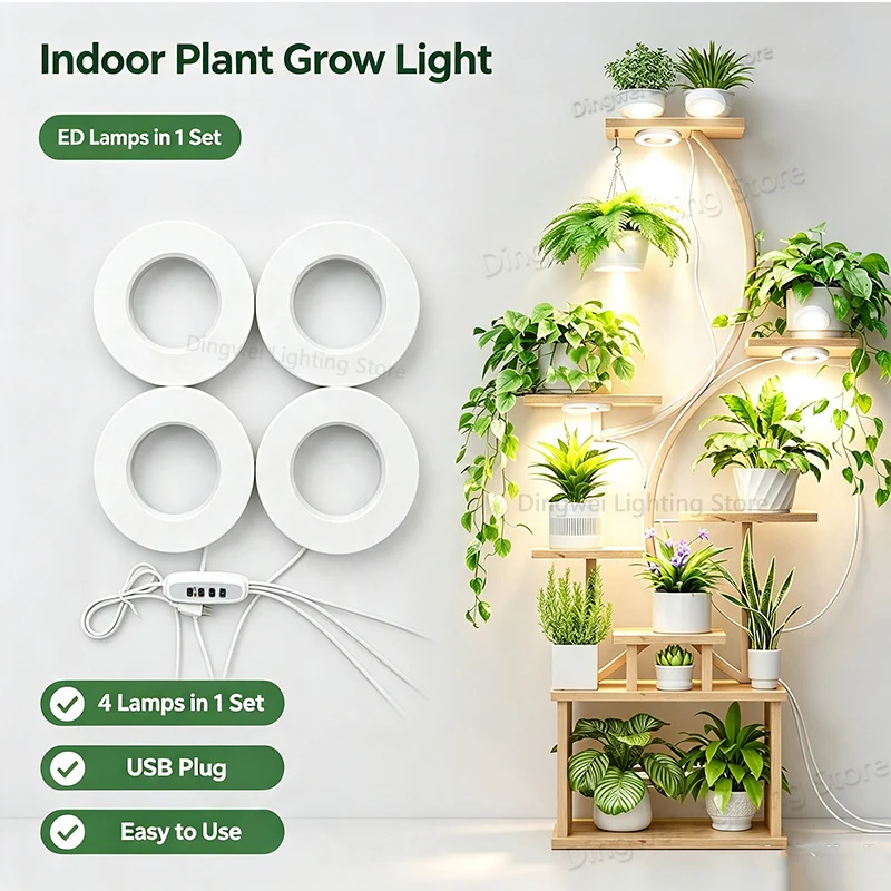 White 9CM Full Spectrum Hanging LED Plant Light, Under Cabinet Plant Lamp with 10 Dimming Levels & 3/9/12H Timer, Self-adhes