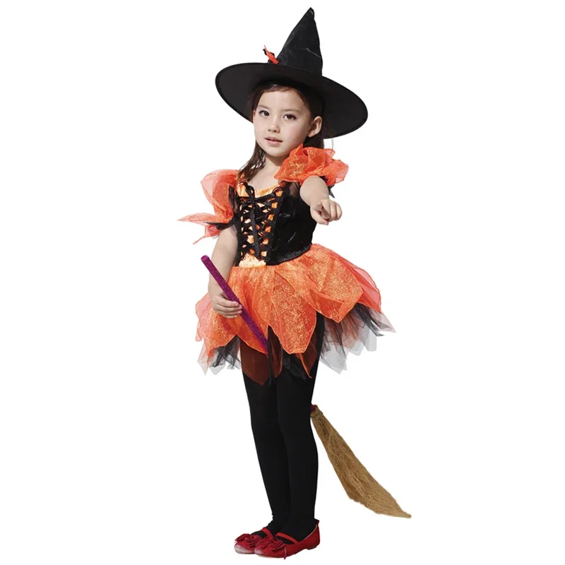 Mn1 meninas halloween abóbora cosplay trajes de bruxa vestido com headwear truque ou tratamento festa vestir-se crianças roupas extravagantes 8/yg