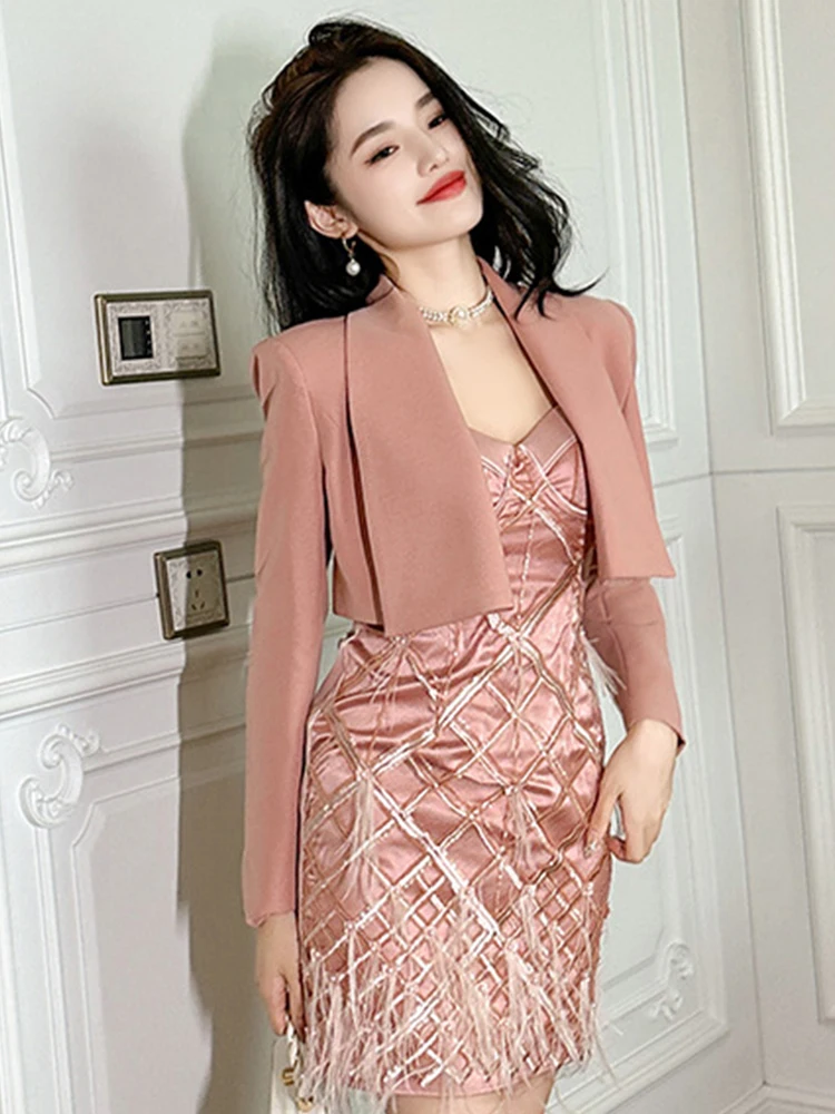 Fashion Spring Autumn Pink Formal Occasion Short Suit Women Elegant Clothes Ladies Simple Loose Coat Blazer Jacket Mujer Outwear